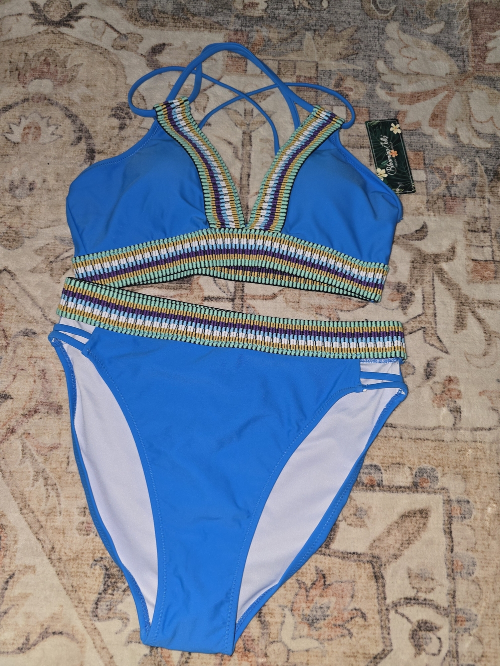 Blue Strappy Women's Bikini Set with Multicolor Trim